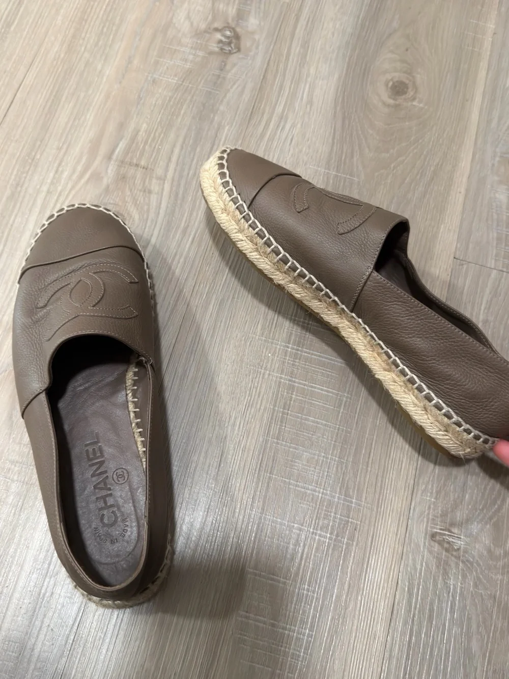 CHANEL Taupe Brown Leather Espadrilles with CC Logo